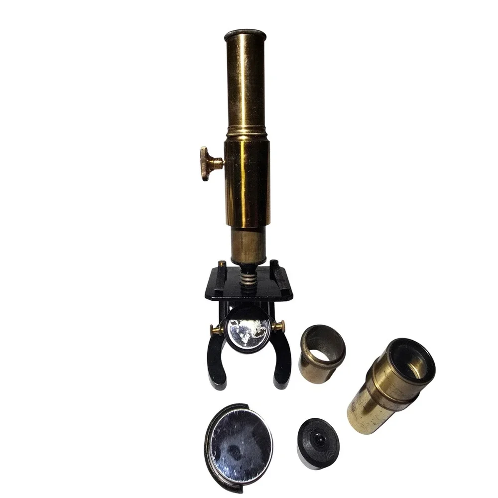 Antique Brass Monocular Microscope Vintage Scientific Instrument with Wood Case